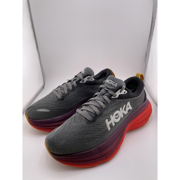 Hoka One One Bondi 8 Shoes Womens Size 7 Gray Red Max Cushion Running Sneakers - Picture 1 of 13